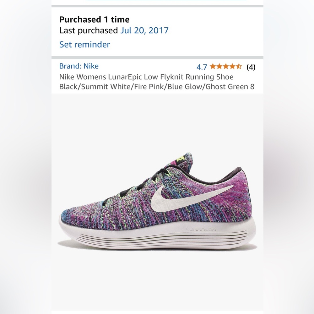 Nike women’s LunarEpic Low Flyknit running shoe. Size 8. Gently worn. Like new.